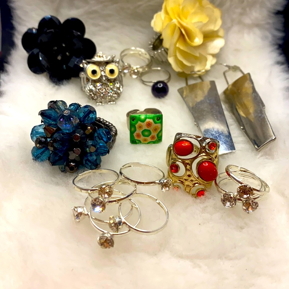 Vintage and Modern Collection of Cocktail Rings Complimentary silver Earrings